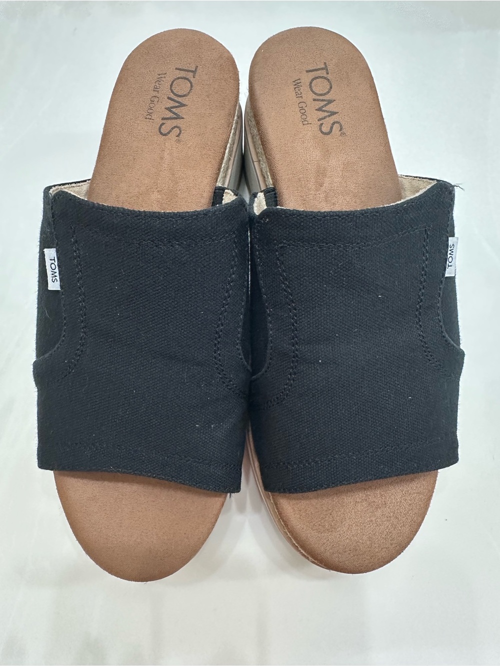 TOMS Wedge Sandals Black Canvas Slide Mules Platform Wedges Brown Cream 8